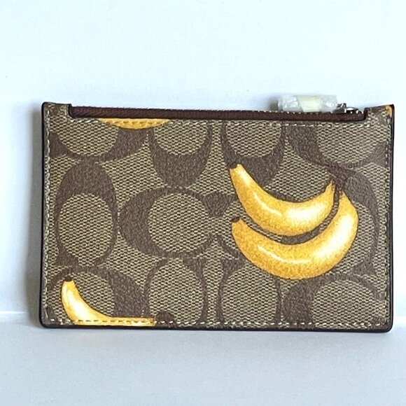 Coach Zip Card Case CR410 Signature Canvas Banana Print Leather Brown Wallet - Picture 2 of 7